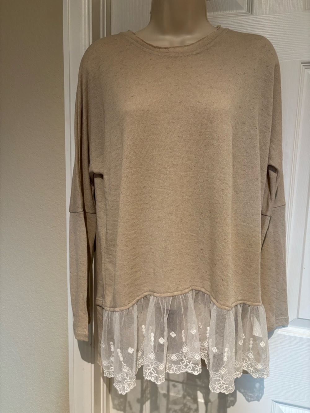 Hayden Beige Long-Sleeve Sweatshirt with Lace Hem